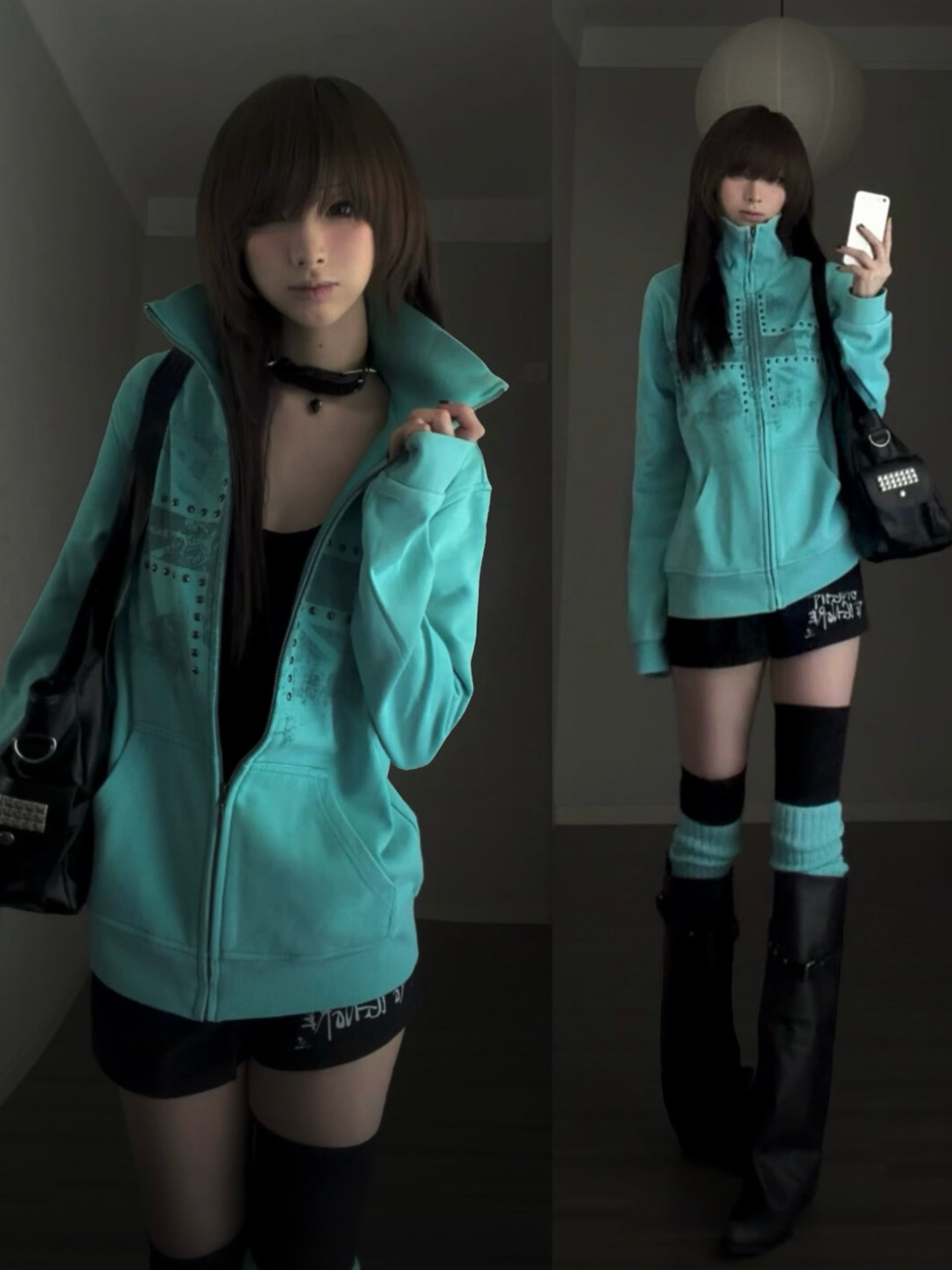 Vintage Windbreaker Nylon - Hoodie Wanita Motif Hijau Mint dengan