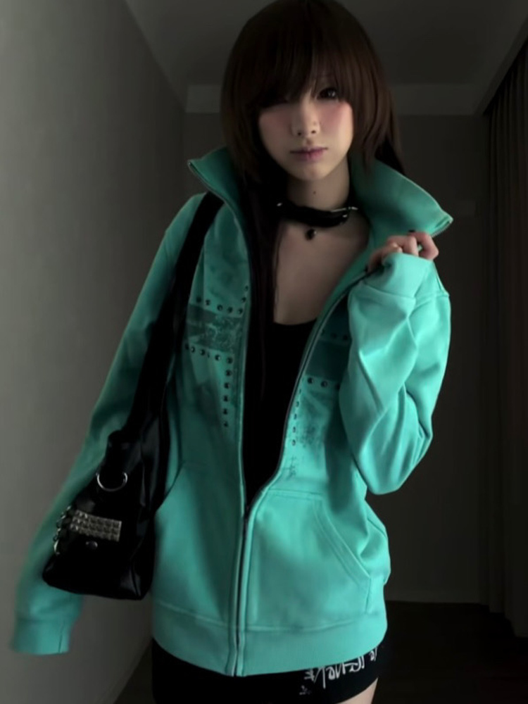 Hoodie Wanita Motif Hijau Mint - Vintage Windbreaker Nylon ulasan dan harga